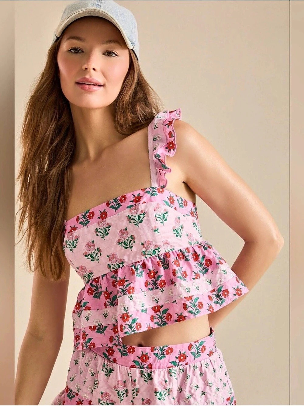 Altar’d State Kameron Floral Ruffle Crop Top in Pink Size Large
